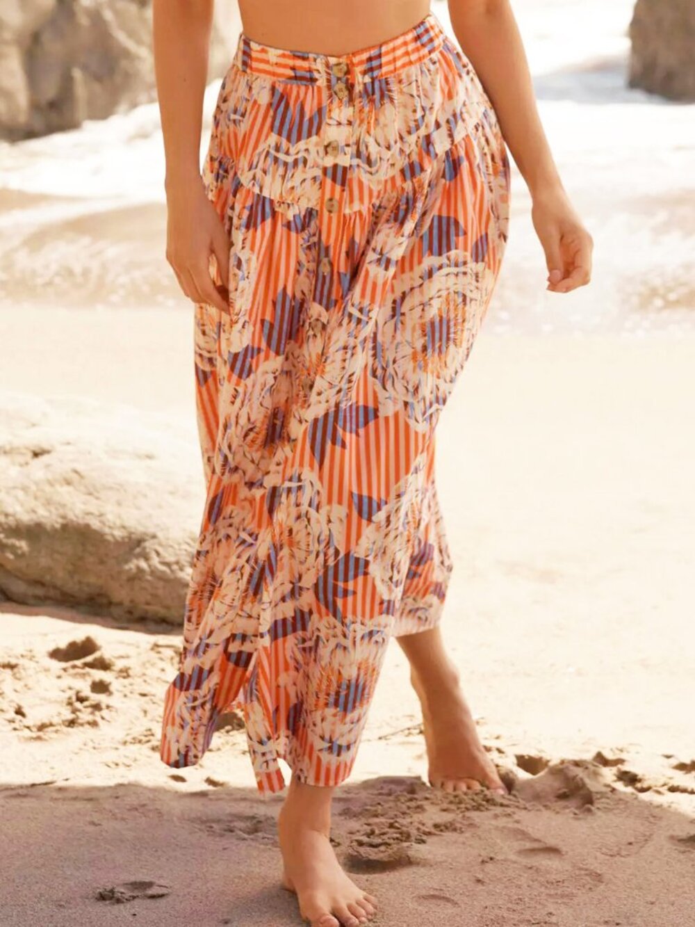 New By Anthropologie 100% Cotton Floral Stripe Maxi Skirt Orange Medium